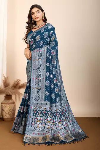 Teal woven patola saree with blouse piece