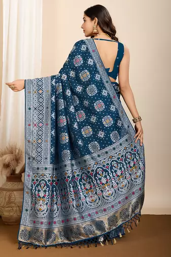 Teal woven patola saree with blouse piece