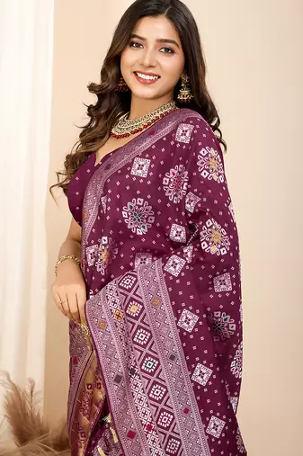 Wine woven patola saree with blouse piece