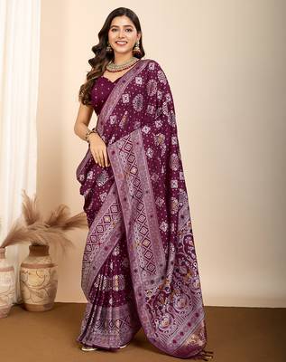 Wine woven patola saree with blouse piece 3