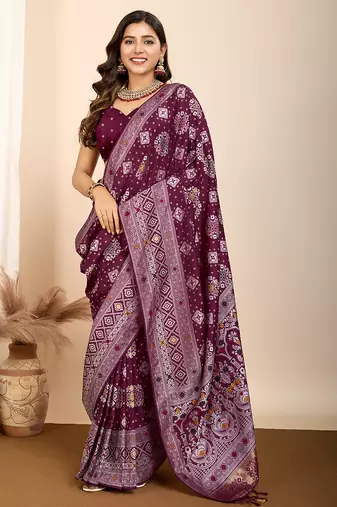 Wine woven patola saree with blouse piece