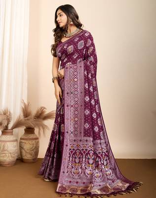 Wine woven patola saree with blouse piece 4