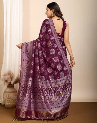 Wine woven patola saree with blouse piece 5