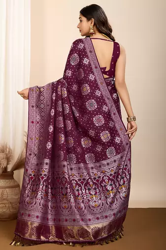 Wine woven patola saree with blouse piece