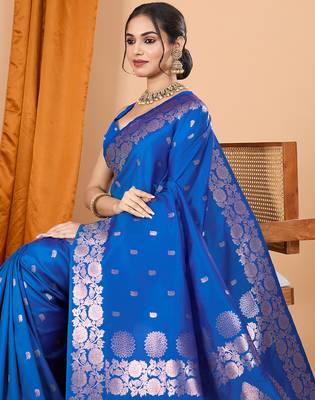 Blue woven banarasi design saree with blouse piece 2