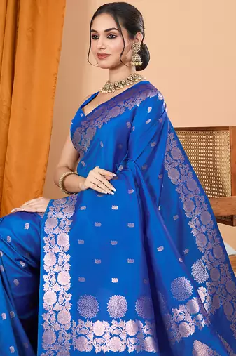 Blue woven banarasi design saree with blouse piece