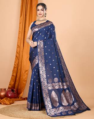 Navy blue woven banarasi design saree with blouse piece 1