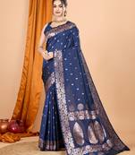 Navy blue woven banarasi design saree with blouse piece