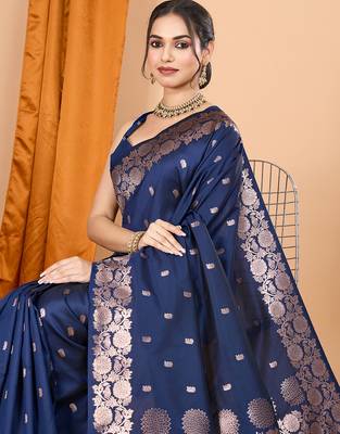 Navy blue woven banarasi design saree with blouse piece 2