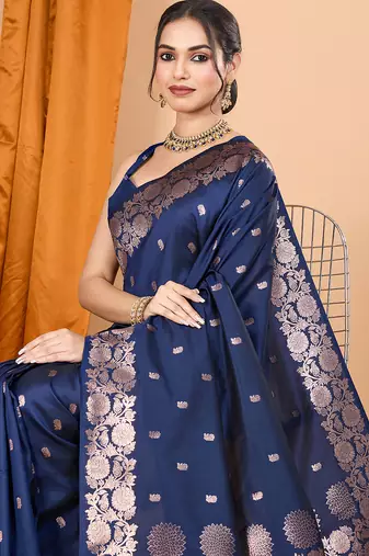Navy blue woven banarasi design saree with blouse piece