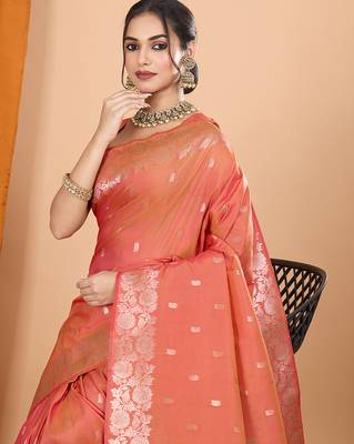 Salmon woven banarasi design saree with blouse piece 2