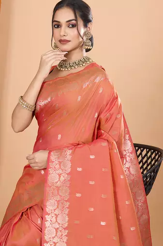Salmon woven banarasi design saree with blouse piece