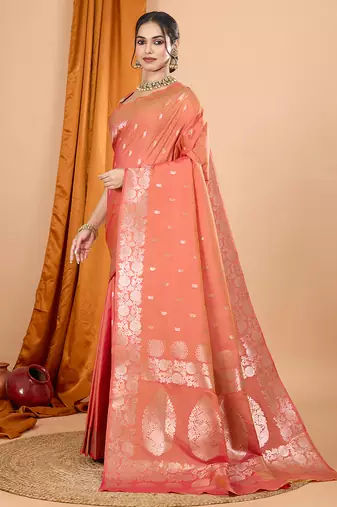 Salmon woven banarasi design saree with blouse piece