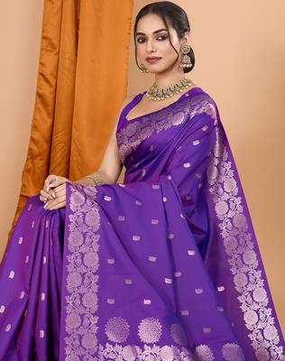 Violet woven banarasi design saree with blouse piece 2
