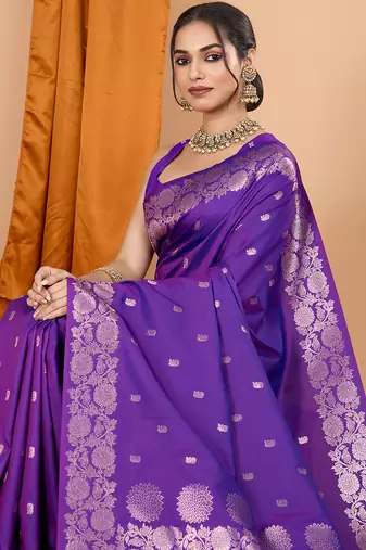 Violet woven banarasi design saree with blouse piece