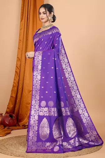 Violet woven banarasi design saree with blouse piece