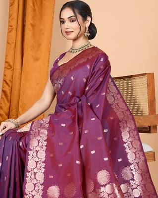 Wine woven banarasi design saree with blouse piece 2