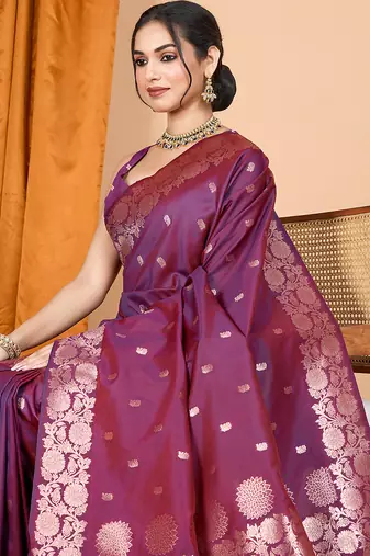 Wine woven banarasi design saree with blouse piece