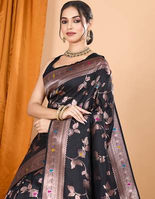 Black woven banarasi design saree with blouse piece 2