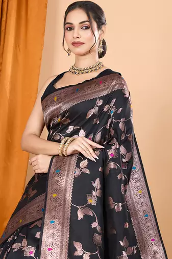 Black woven banarasi design saree with blouse piece