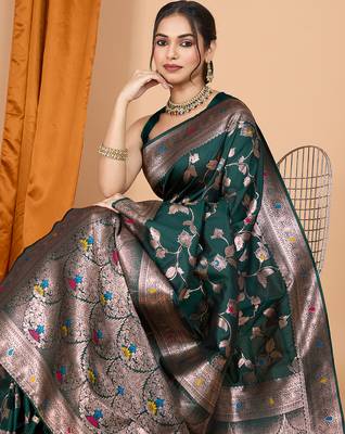 Dark green woven banarasi design saree with blouse piece 2