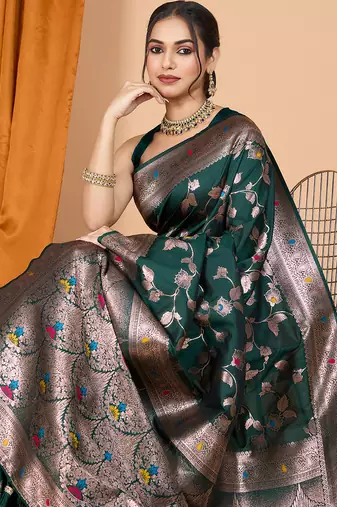 Dark green woven banarasi design saree with blouse piece
