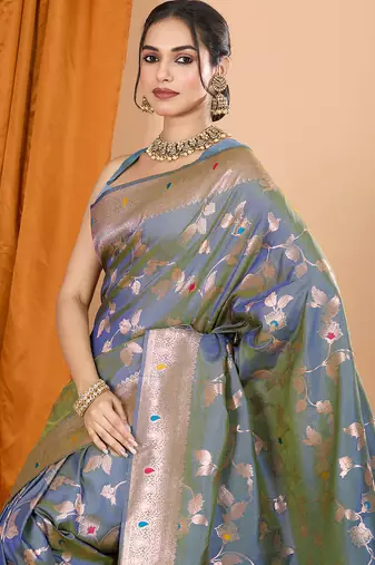 Grey woven banarasi design saree with blouse piece