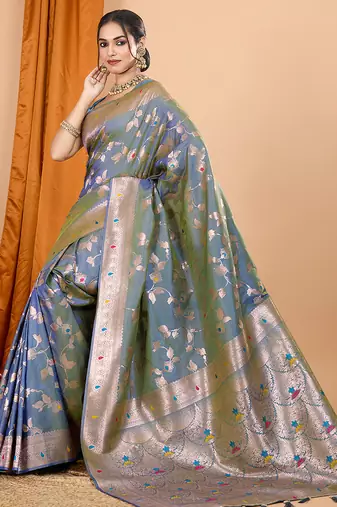 Grey woven banarasi design saree with blouse piece