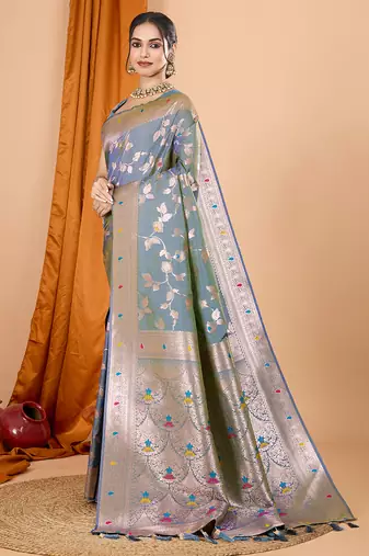 Grey woven banarasi design saree with blouse piece
