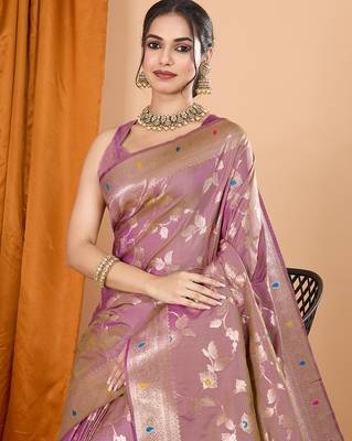 Light purple woven banarasi design saree with blouse piece 2