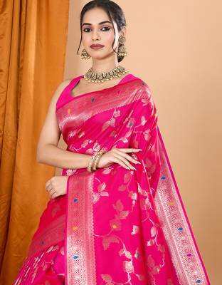 Pink woven banarasi design saree with blouse piece 2
