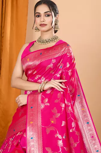 Pink woven banarasi design saree with blouse piece