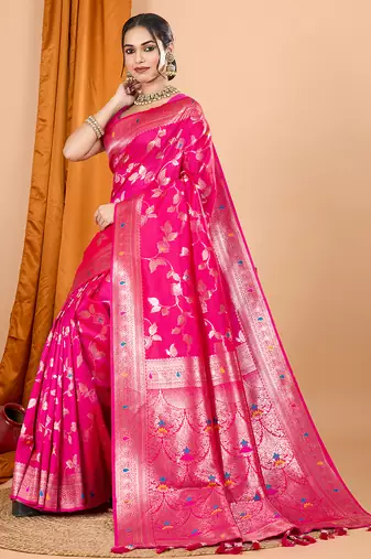 Pink woven banarasi design saree with blouse piece