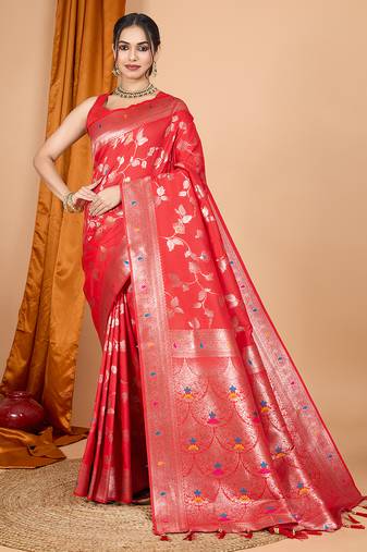 Red woven banarasi design saree with blouse piece