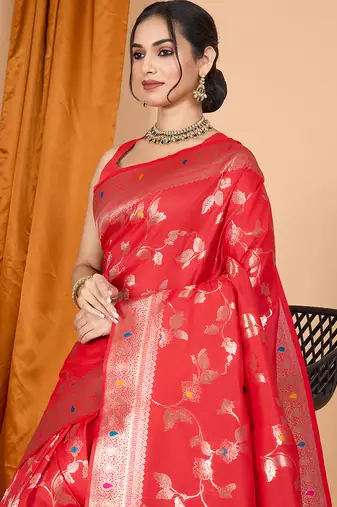Red woven banarasi design saree with blouse piece