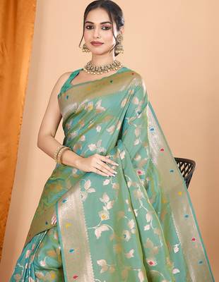 Sea green woven banarasi design saree with blouse piece 2