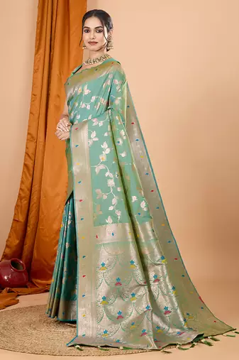 Sea green woven banarasi design saree with blouse piece