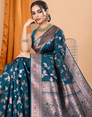 Teal woven banarasi design saree with blouse piece 2