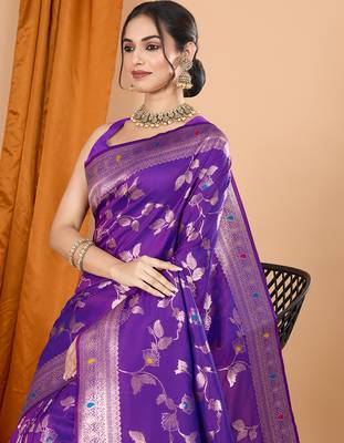 Violet woven banarasi design saree with blouse piece 2