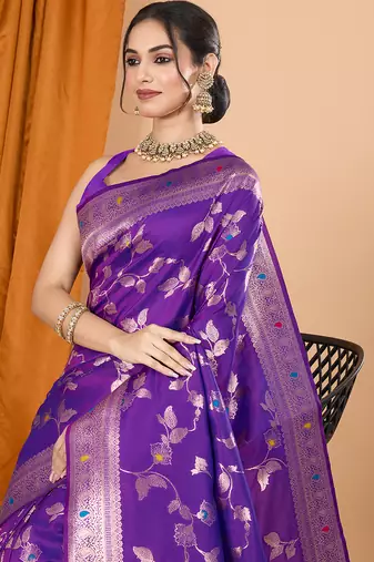 Violet woven banarasi design saree with blouse piece