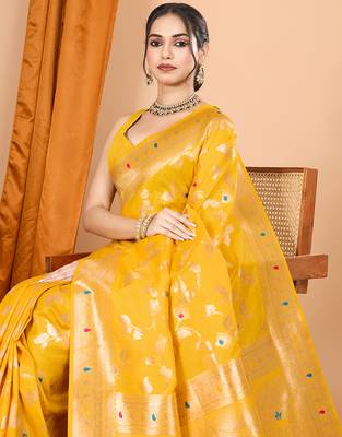 Yellow woven banarasi design saree with blouse piece 2