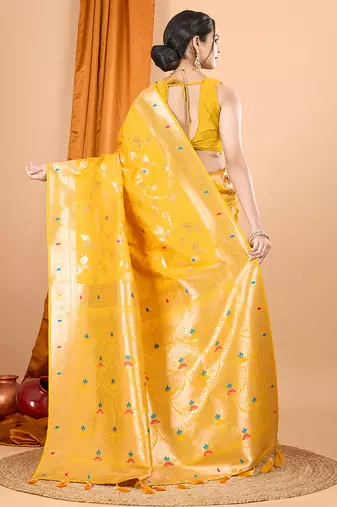 Yellow woven banarasi design saree with blouse piece