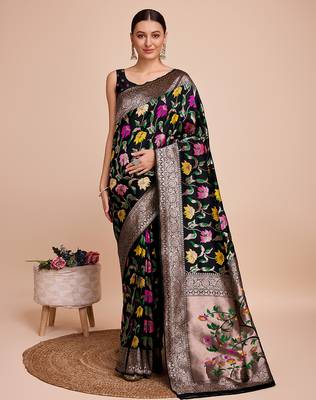 Black woven paithani style saree with blouse piece 1