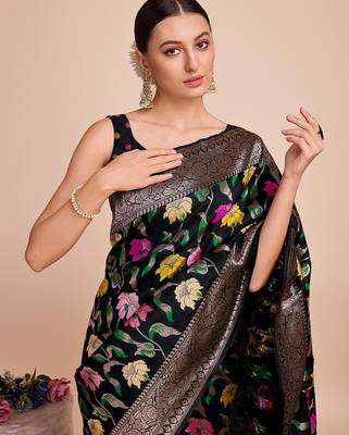 Black woven paithani style saree with blouse piece 2
