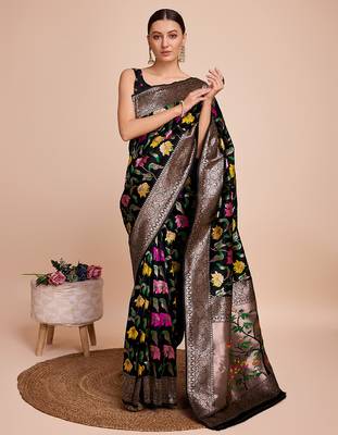 Black woven paithani style saree with blouse piece 3