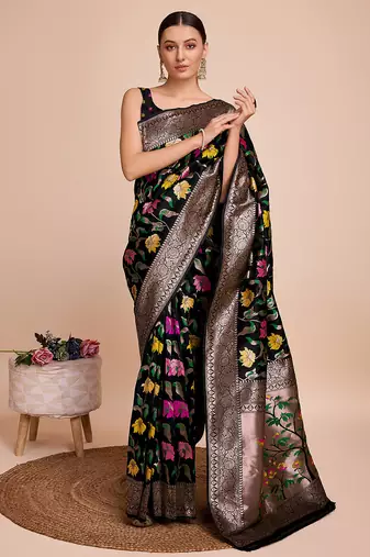 Black woven paithani style saree with blouse piece