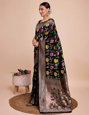 Black woven paithani style saree with blouse piece 4