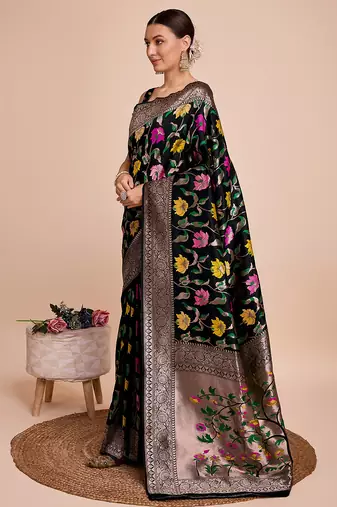 Black woven paithani style saree with blouse piece