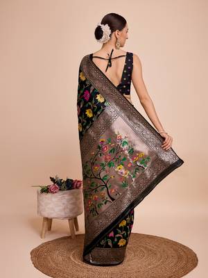 Black woven paithani style saree with blouse piece 5