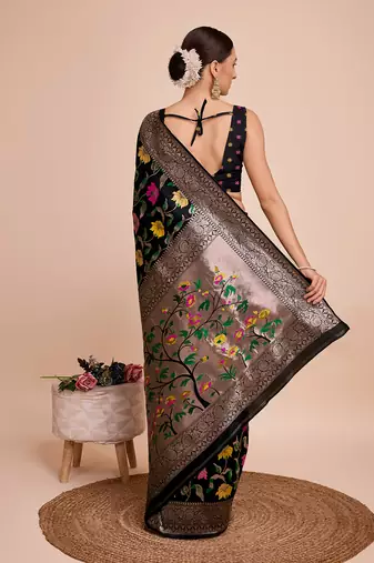 Black woven paithani style saree with blouse piece